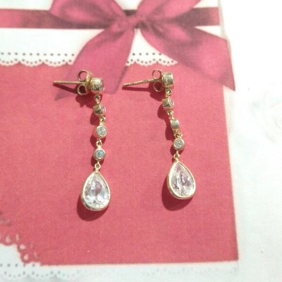 FAS 14k yellow gold vermeil Sterling Silver 925 Dangle Earrings Crystals Posts - Picture 2 of 8